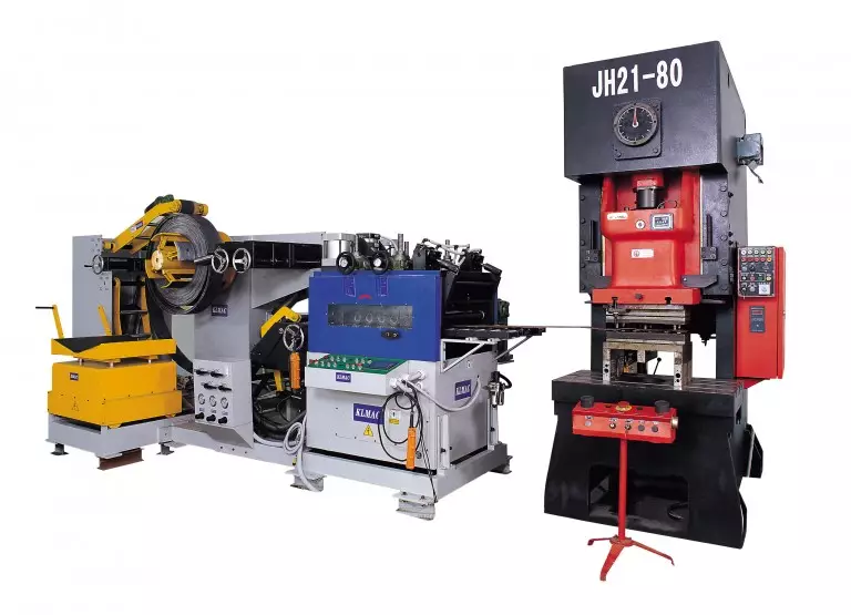 Compact 3-in-1 coil feeder connected to a stamping press